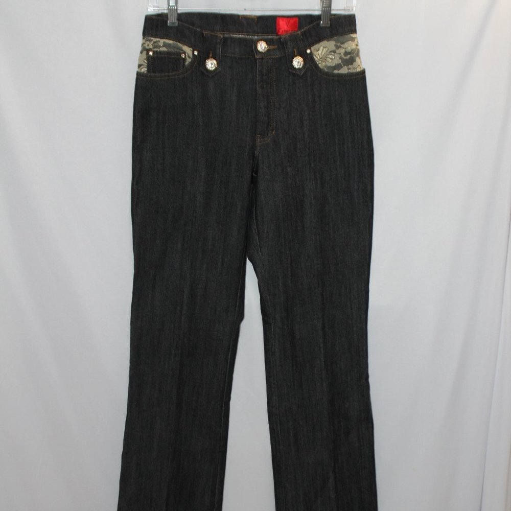 V Cristina Black Jeans with Lace and Rhinestone Button Accents